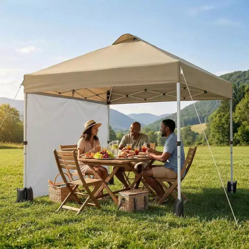 Auvent pop-up 10x10 avec 1 paroi latérale, tente auvent d'extérieur, tente de plage à montage facile avec dessus ventilé, sac à roulettes portable