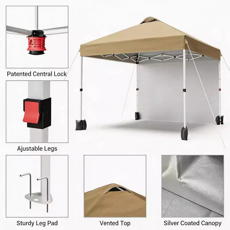 Auvent pop-up 10x10 avec 1 paroi latérale, tente auvent d'extérieur, tente de plage à montage facile avec dessus ventilé, sac à roulettes portable