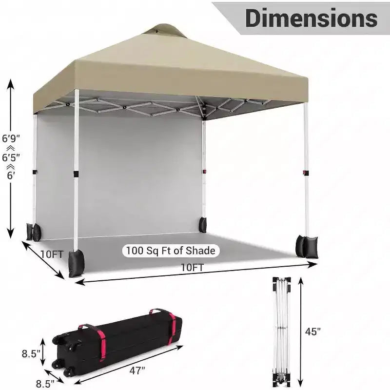 Auvent pop-up 10x10 avec 1 paroi latérale, tente auvent d'extérieur, tente de plage à montage facile avec dessus ventilé, sac à roulettes portable