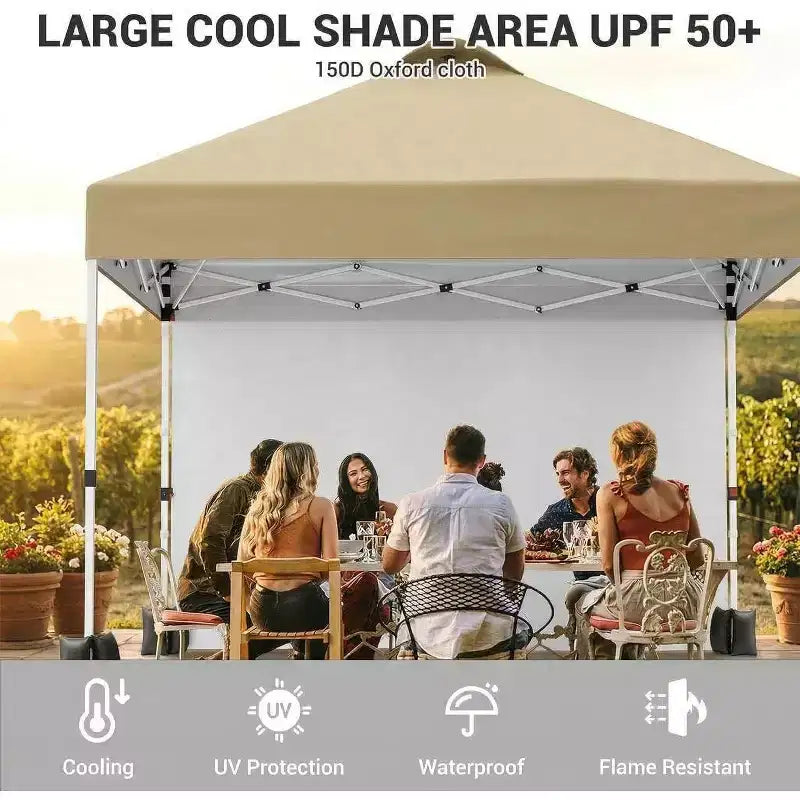 Auvent pop-up 10x10 avec 1 paroi latérale, tente auvent d'extérieur, tente de plage à montage facile avec dessus ventilé, sac à roulettes portable