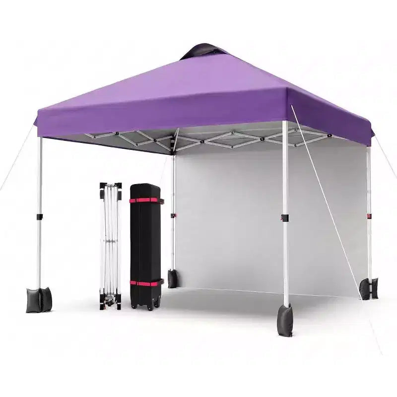 Auvent pop-up 10x10 avec 1 paroi latérale, tente auvent d'extérieur, tente de plage à montage facile avec dessus ventilé, sac à roulettes portable