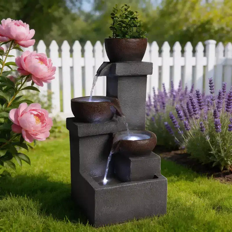 Fontaine d'eau extérieure à étages cascade jarre cascade résine jardin patio décor avec lumières LED