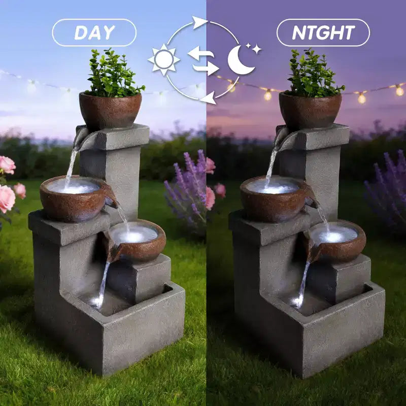 Fontaine d'eau extérieure à étages cascade jarre cascade résine jardin patio décor avec lumières LED