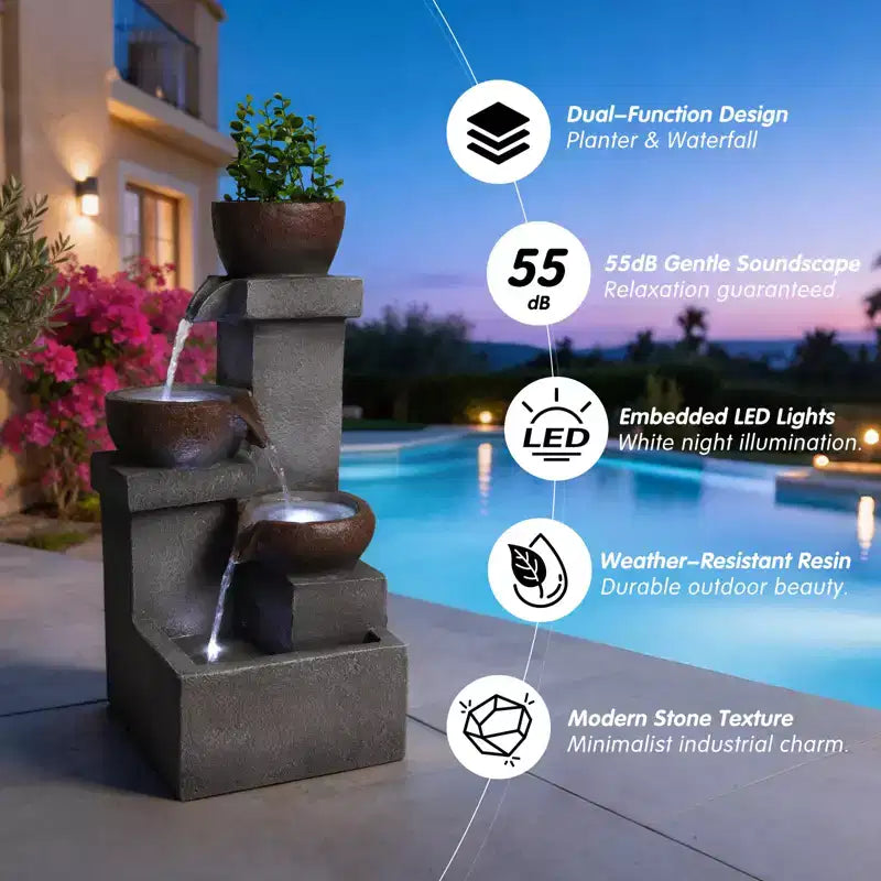 Fontaine d'eau extérieure à étages cascade jarre cascade résine jardin patio décor avec lumières LED