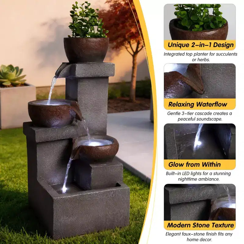 Fontaine d'eau extérieure à étages cascade jarre cascade résine jardin patio décor avec lumières LED