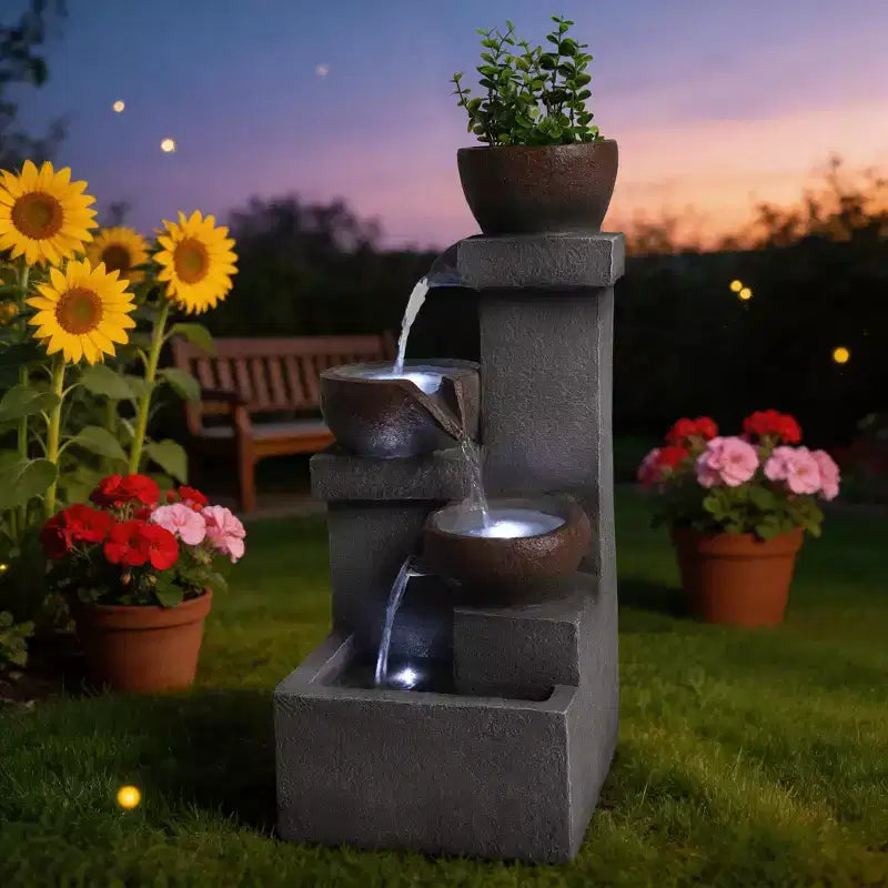 Fontaine d'eau extérieure à étages cascade jarre cascade résine jardin patio décor avec lumières LED