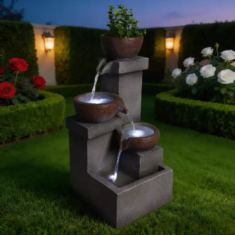 Fontaine d'eau extérieure à étages cascade jarre cascade résine jardin patio décor avec lumières LED