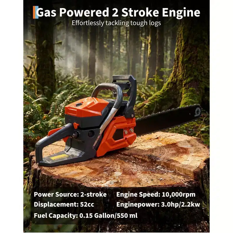 Tronçonneuse thermique 52 cm³ 2 temps, avec lubrification automatique de la chaîne et démarrage rapide, poignée ergonomique pour l'abattage d'arbres et le défrichage intensifs.