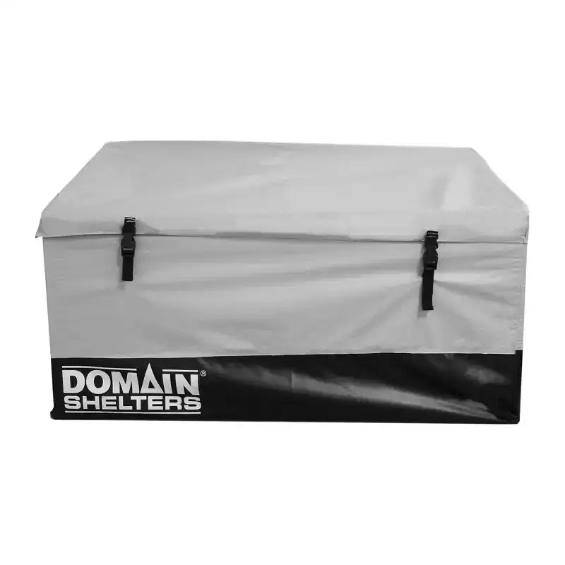 Domain Shelters Coffre de rangement de jardin d'extérieur 117 gallons 4 x 2 x 2 pieds pour terrasse et arrière-cour, coffre de terrasse avec barres anti-intempéries amovibles et boucles à clip, Gris/Noir