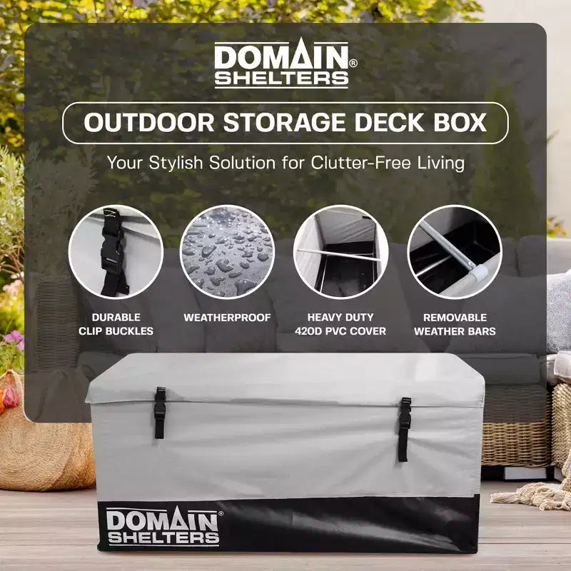 Domain Shelters Coffre de rangement de jardin d'extérieur 117 gallons 4 x 2 x 2 pieds pour terrasse et arrière-cour, coffre de terrasse avec barres anti-intempéries amovibles et boucles à clip, Gris/Noir