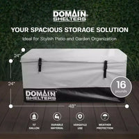 Domain Shelters Coffre de rangement de jardin d'extérieur 117 gallons 4 x 2 x 2 pieds pour terrasse et arrière-cour, coffre de terrasse avec barres anti-intempéries amovibles et boucles à clip, Gris/Noir