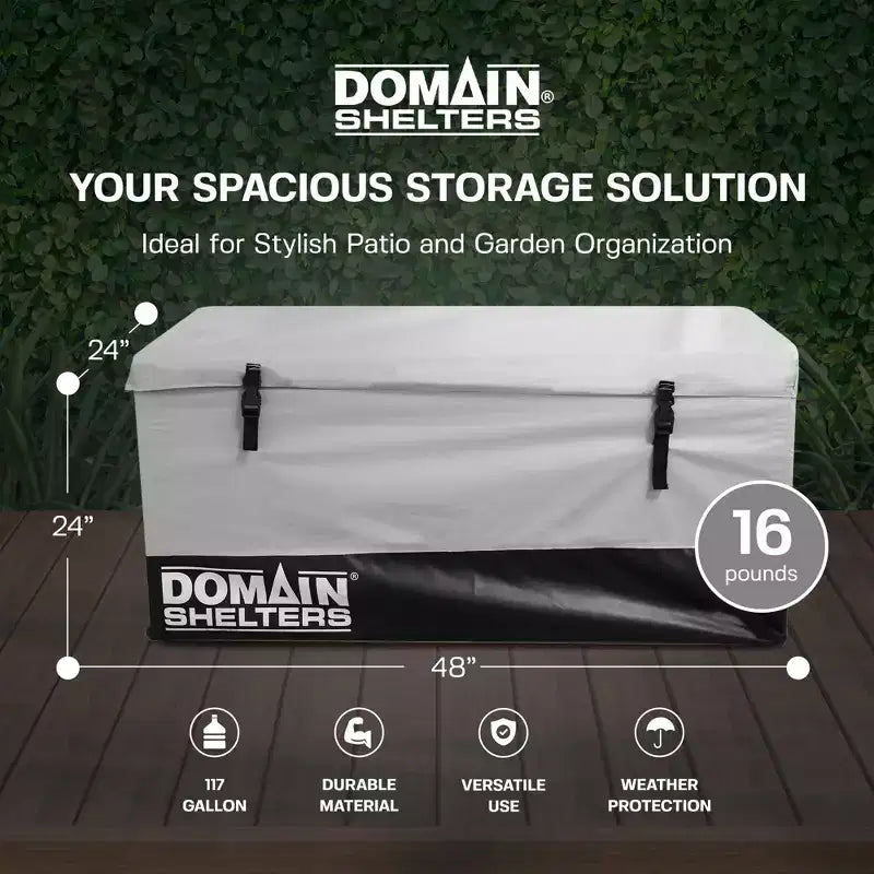 Domain Shelters Coffre de rangement de jardin d'extérieur 117 gallons 4 x 2 x 2 pieds pour terrasse et arrière-cour, coffre de terrasse avec barres anti-intempéries amovibles et boucles à clip, Gris/Noir