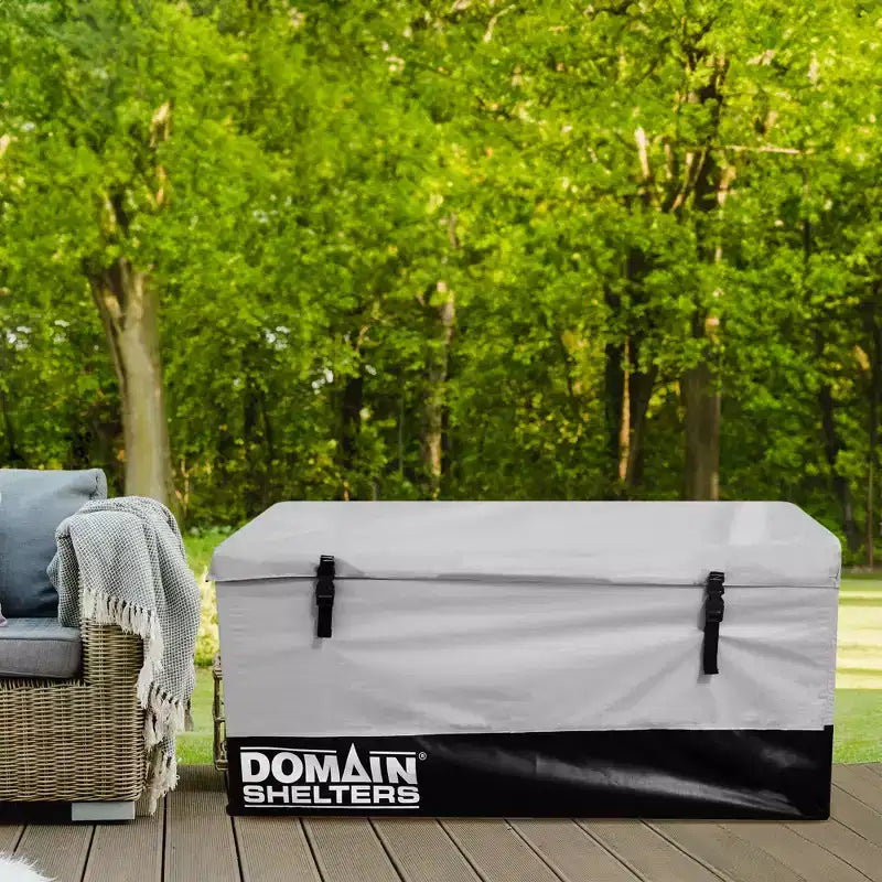 Domain Shelters Coffre de rangement de jardin d'extérieur 117 gallons 4 x 2 x 2 pieds pour terrasse et arrière-cour, coffre de terrasse avec barres anti-intempéries amovibles et boucles à clip, Gris/Noir