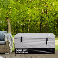 Domain Shelters Coffre de rangement de jardin d'extérieur 117 gallons 4 x 2 x 2 pieds pour terrasse et arrière-cour, coffre de terrasse avec barres anti-intempéries amovibles et boucles à clip, Gris/Noir