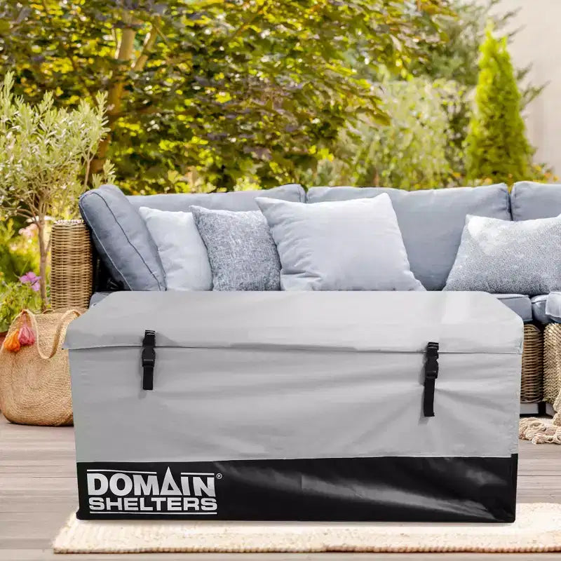 Domain Shelters Coffre de rangement de jardin d'extérieur 117 gallons 4 x 2 x 2 pieds pour terrasse et arrière-cour, coffre de terrasse avec barres anti-intempéries amovibles et boucles à clip, Gris/Noir
