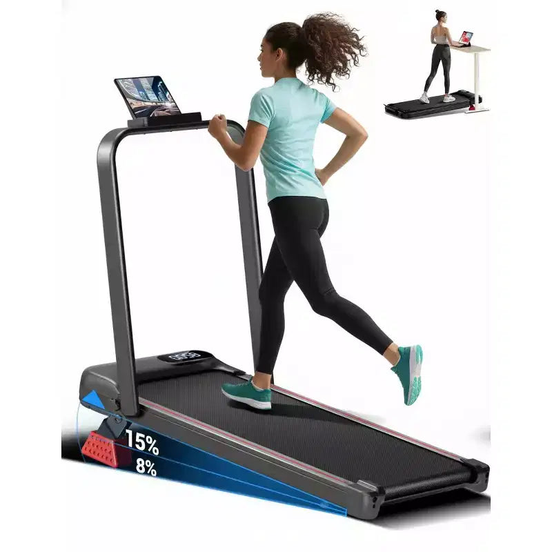 Tapis de marche inclinable à 15% avec barre de maintien - Tapis de course pliable silencieux de 2,5 CV pour la maison ou le bureau, sous le bureau, tapis de marche portable avec capacité de 100 kg