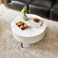 Table basse ronde de 80 cm de diamètre avec plateau en pierre frittée et rangement pour salon