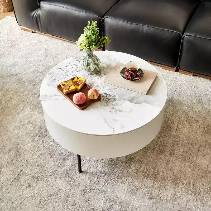Table basse ronde de 80 cm de diamètre avec plateau en pierre frittée et rangement pour salon