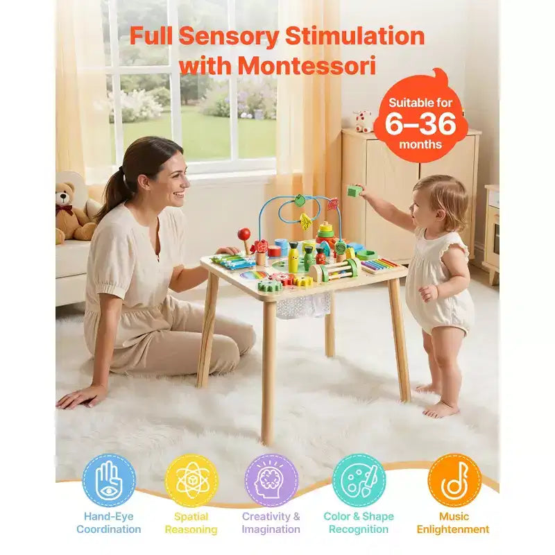 VEVOR table d'activité Montessori pour tout-petit 1-3 ans, bureau d'activité d'apprentissage en bois 13 en 1, table pour garçons et filles à partir de 6 mois, multicolore