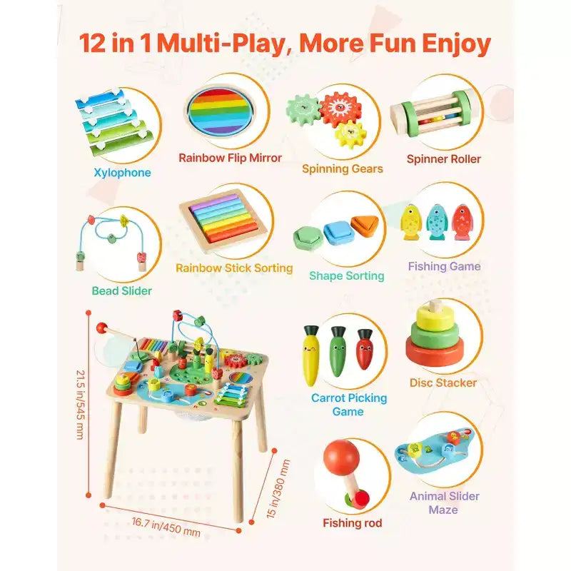 VEVOR table d'activité Montessori pour tout-petit 1-3 ans, bureau d'activité d'apprentissage en bois 13 en 1, table pour garçons et filles à partir de 6 mois, multicolore