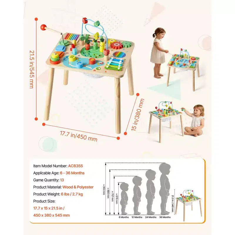 VEVOR table d'activité Montessori pour tout-petit 1-3 ans, bureau d'activité d'apprentissage en bois 13 en 1, table pour garçons et filles à partir de 6 mois, multicolore