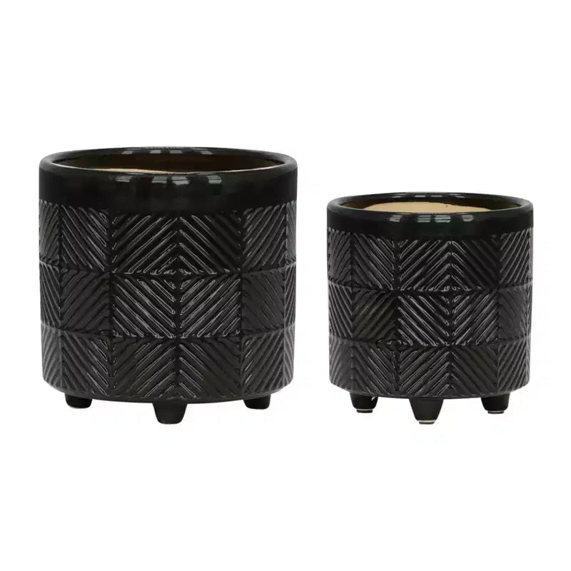 Lot de 2 jardinières en céramique texturée noire 15x15x18 cm sur support en bois, décor de pot de fleurs intérieur/extérieur pour patio, balcon, véranda, entrée, étagère