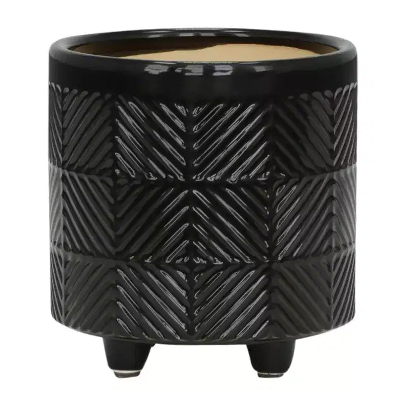 Lot de 2 jardinières en céramique texturée noire 15x15x18 cm sur support en bois, décor de pot de fleurs intérieur/extérieur pour patio, balcon, véranda, entrée, étagère