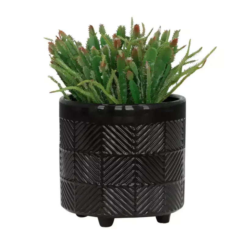 Lot de 2 jardinières en céramique texturée noire 15x15x18 cm sur support en bois, décor de pot de fleurs intérieur/extérieur pour patio, balcon, véranda, entrée, étagère