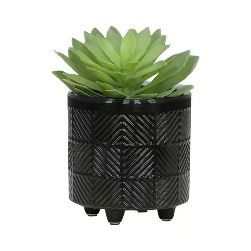 Lot de 2 jardinières en céramique texturée noire 15x15x18 cm sur support en bois, décor de pot de fleurs intérieur/extérieur pour patio, balcon, véranda, entrée, étagère