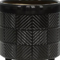 Lot de 2 jardinières en céramique texturée noire 15x15x18 cm sur support en bois, décor de pot de fleurs intérieur/extérieur pour patio, balcon, véranda, entrée, étagère