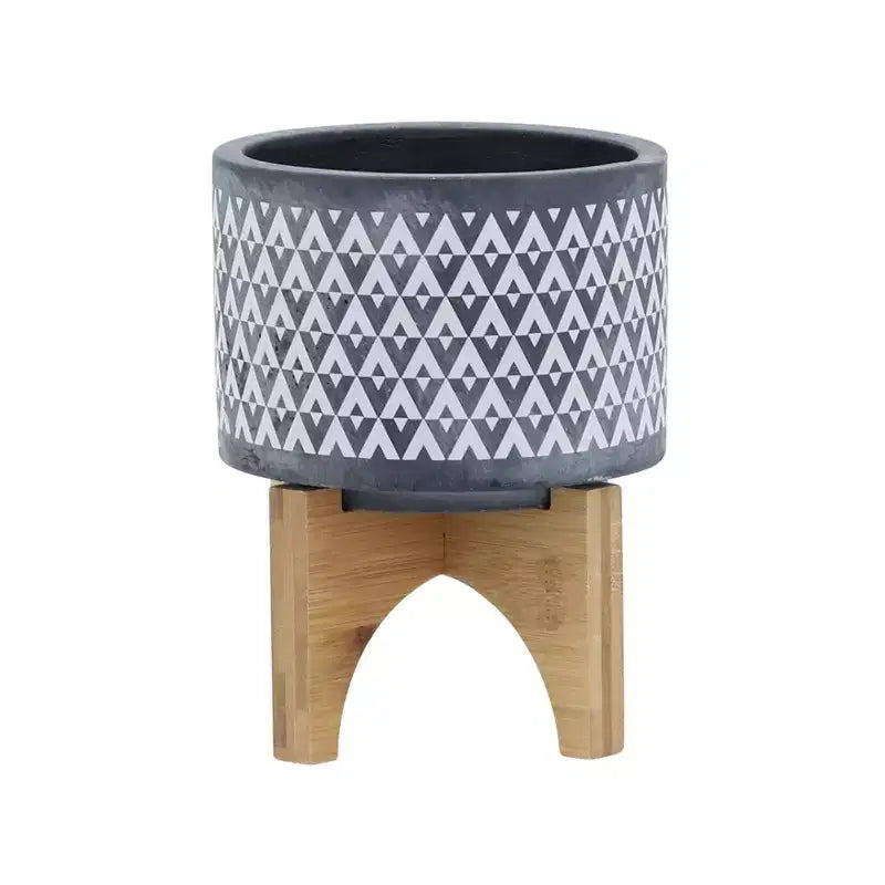 Jardinière en céramique à motif aztèque gris 5x5x6 sur support en bois, décoration de pot de fleurs intérieure et extérieure pour patio, balcon, porche, entrée, étagère de présentation