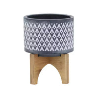 Jardinière en céramique à motif aztèque gris 5x5x6 sur support en bois, décoration de pot de fleurs intérieure et extérieure pour patio, balcon, porche, entrée, étagère de présentation