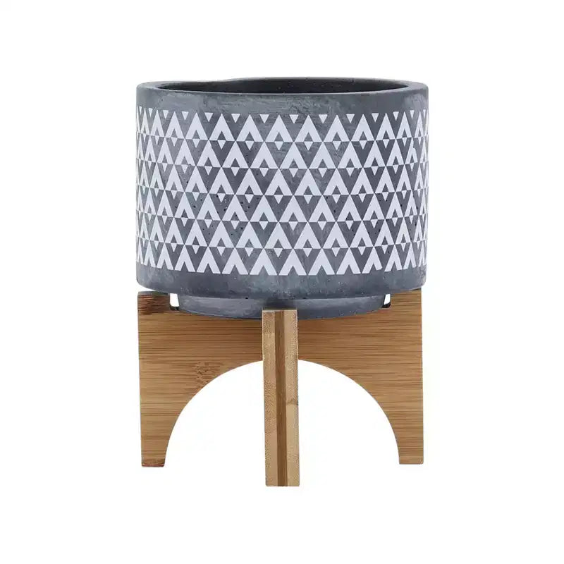 Jardinière en céramique à motif aztèque gris 5x5x6 sur support en bois, décoration de pot de fleurs intérieure et extérieure pour patio, balcon, porche, entrée, étagère de présentation