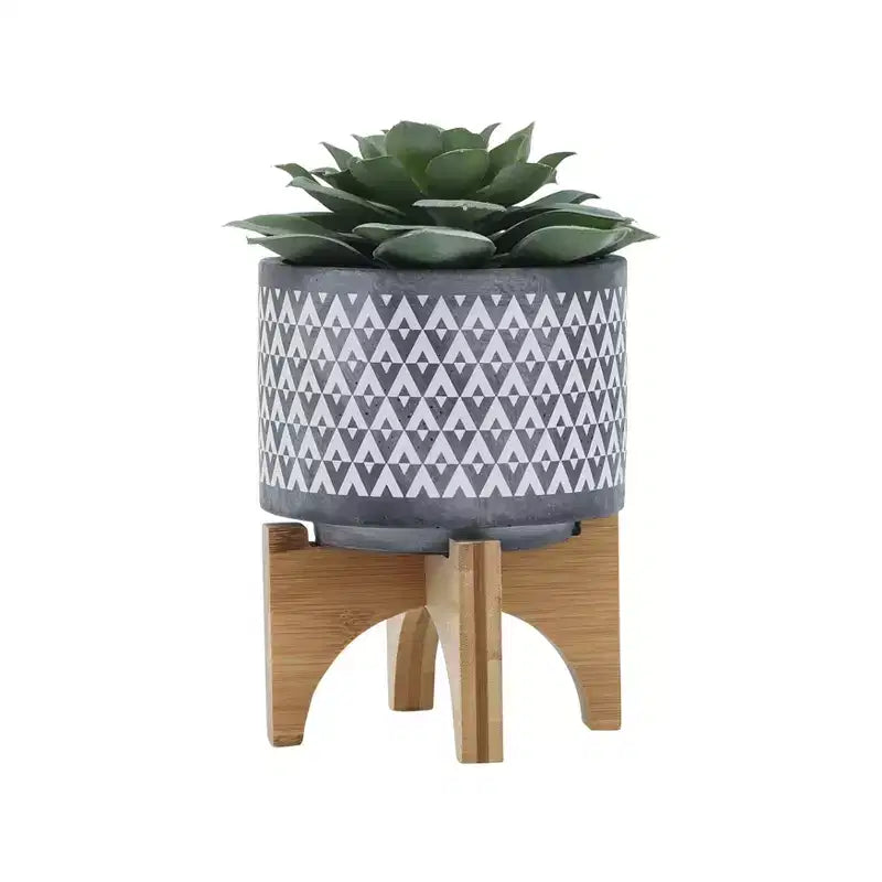 Jardinière en céramique à motif aztèque gris 5x5x6 sur support en bois, décoration de pot de fleurs intérieure et extérieure pour patio, balcon, porche, entrée, étagère de présentation
