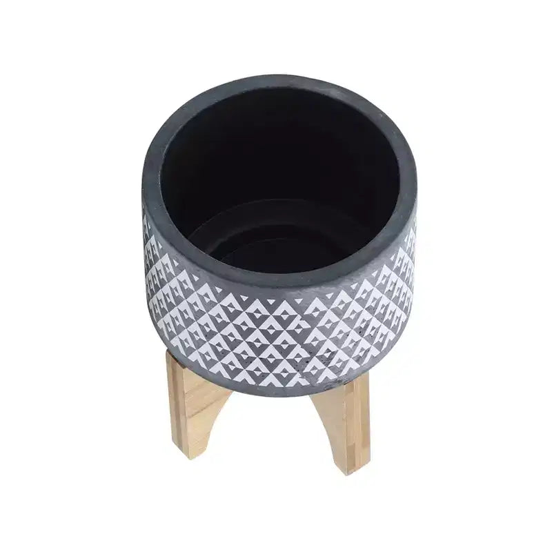 Jardinière en céramique à motif aztèque gris 5x5x6 sur support en bois, décoration de pot de fleurs intérieure et extérieure pour patio, balcon, porche, entrée, étagère de présentation