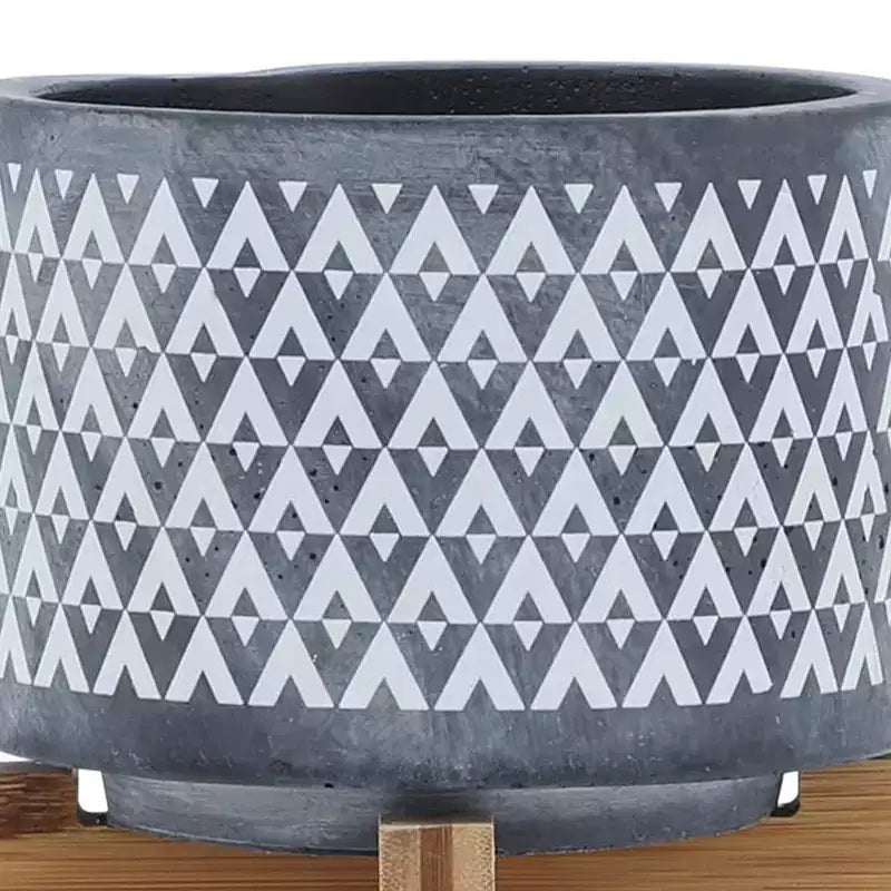 Jardinière en céramique à motif aztèque gris 5x5x6 sur support en bois, décoration de pot de fleurs intérieure et extérieure pour patio, balcon, porche, entrée, étagère de présentation