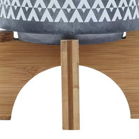 Jardinière en céramique à motif aztèque gris 5x5x6 sur support en bois, décoration de pot de fleurs intérieure et extérieure pour patio, balcon, porche, entrée, étagère de présentation