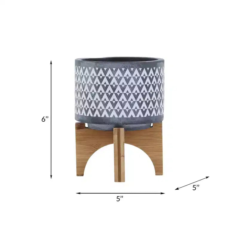 Jardinière en céramique à motif aztèque gris 5x5x6 sur support en bois, décoration de pot de fleurs intérieure et extérieure pour patio, balcon, porche, entrée, étagère de présentation