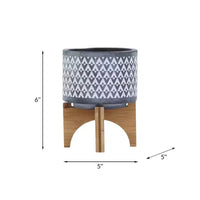 Jardinière en céramique à motif aztèque gris 5x5x6 sur support en bois, décoration de pot de fleurs intérieure et extérieure pour patio, balcon, porche, entrée, étagère de présentation