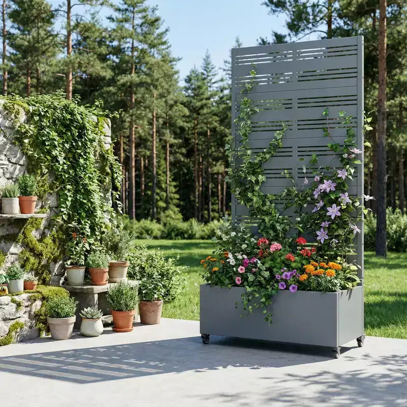 Jardinière surélevée Dovelina avec treillis et bac à plantes en métal avec écran d'intimité pour plantes grimpantes - 59 x 30/60, 47 x 47/94, 72 x 35/47/70/94