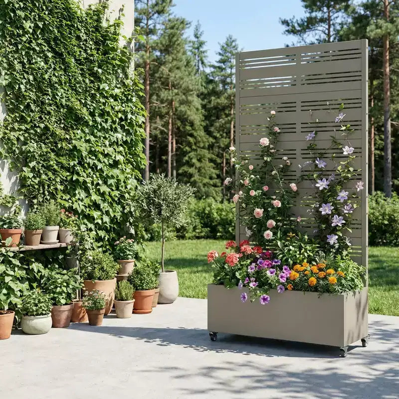 Jardinière surélevée Dovelina avec treillis et bac à plantes en métal avec écran d'intimité pour plantes grimpantes - 59 x 30/60, 47 x 47/94, 72 x 35/47/70/94