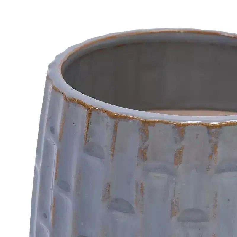 Lot de 2 pots de fleurs en céramique nervurée gris, 14,5 x 13,5 cm, pour l'intérieur et l'extérieur, pour herbes, fleurs et plantes grasses