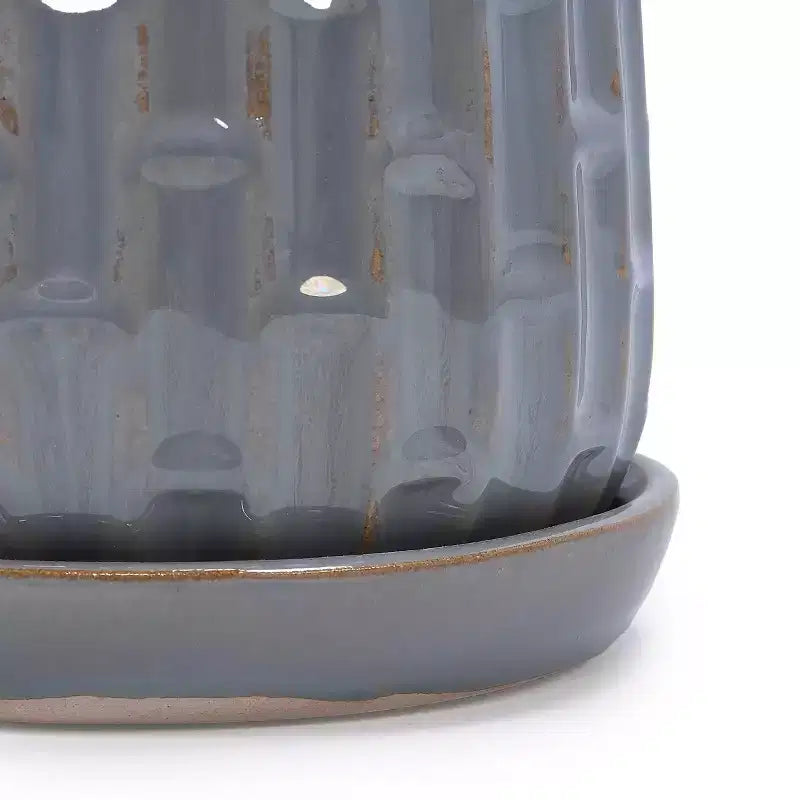 Lot de 2 pots de fleurs en céramique nervurée gris, 14,5 x 13,5 cm, pour l'intérieur et l'extérieur, pour herbes, fleurs et plantes grasses