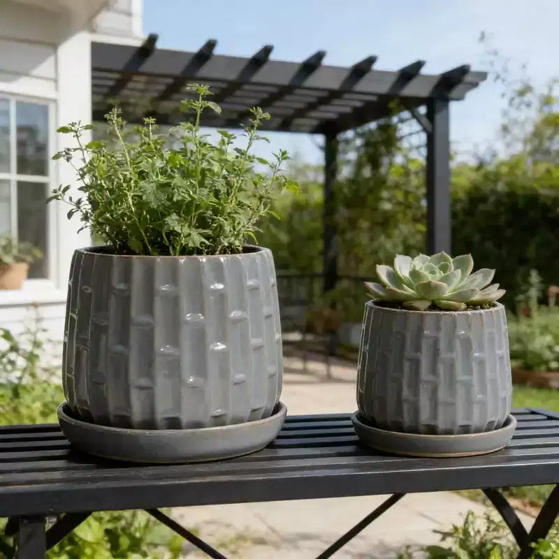 Lot de 2 pots de fleurs en céramique nervurée gris, 14,5 x 13,5 cm, pour l'intérieur et l'extérieur, pour herbes, fleurs et plantes grasses