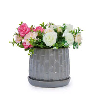 Lot de 2 pots de fleurs en céramique nervurée gris, 14,5 x 13,5 cm, pour l'intérieur et l'extérieur, pour herbes, fleurs et plantes grasses