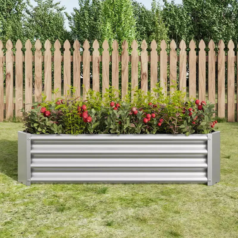 Carré potager surélevé en métal argenté 4 x 2 x 1 pour légumes, herbes et fleurs pour patio, balcon, porche, entrée, étagère de présentation