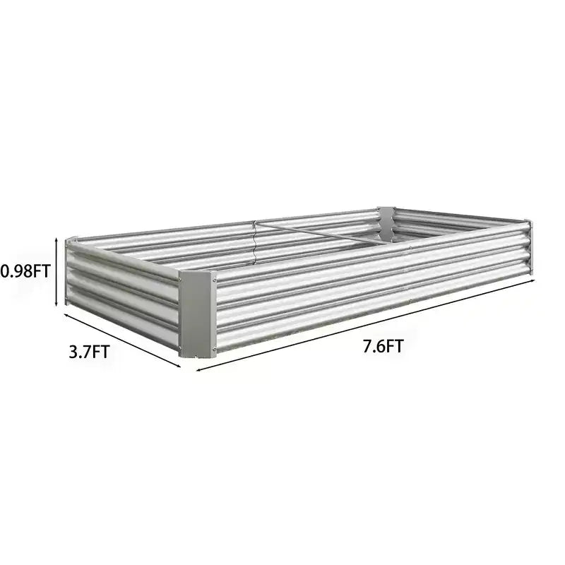 7,6x3,7x0,98 Carré potager surélevé en métal argenté pour légumes, herbes et fleurs pour balcon, porche, entrée ou étagère de présentation