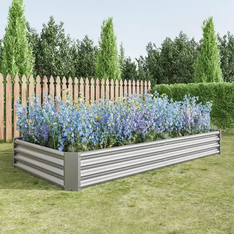 7,6x3,7x0,98 Carré potager surélevé en métal argenté pour légumes, herbes et fleurs pour balcon, porche, entrée ou étagère de présentation