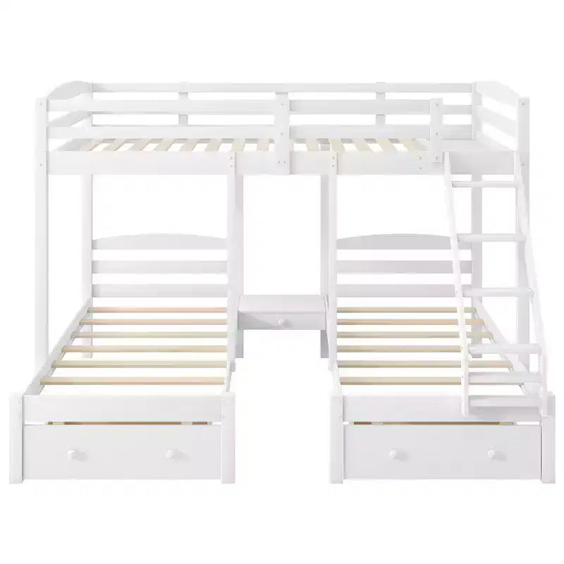 Whisen lit superposé triple, lit superposé Full sur Twin et Twin avec cadre en pin massif, tiroirs de rangement, étagères et garde-corps de sécurité - blanc