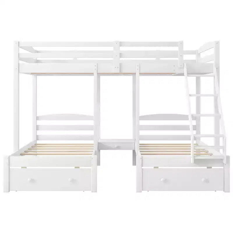 Whisen lit superposé triple, lit superposé Full sur Twin et Twin avec cadre en pin massif, tiroirs de rangement, étagères et garde-corps de sécurité - blanc